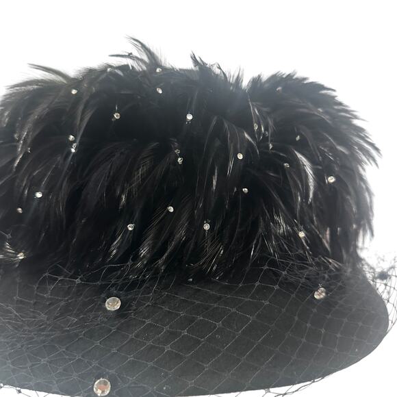 Vintage 80s Essence Hat Black Feathered Wide Brimmed Derby Church Hat - Picture 6 of 9